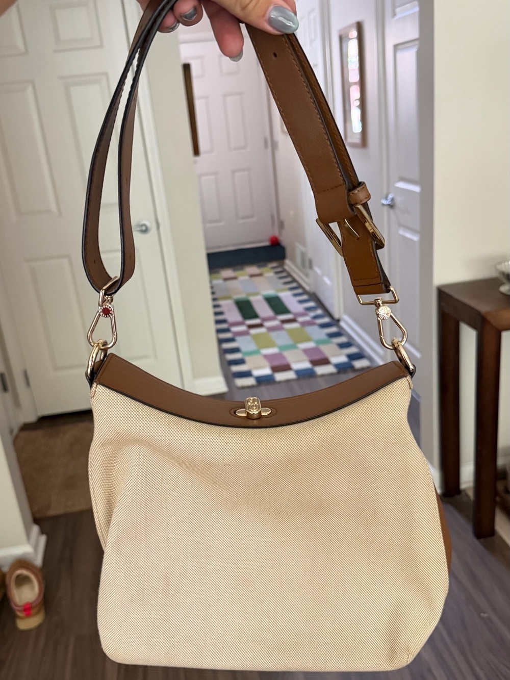 Furla Beige Canvas Shoulder Bag with Brown Leather Trim